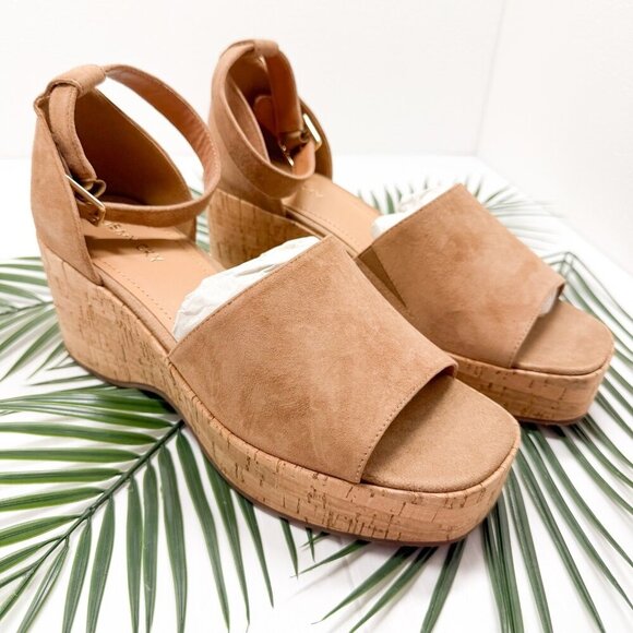 Lisa Vicky Shoes Womens Size 9 Cognac Kid Suede Platform Wedge Sandals LAUD-V - Picture 1 of 12